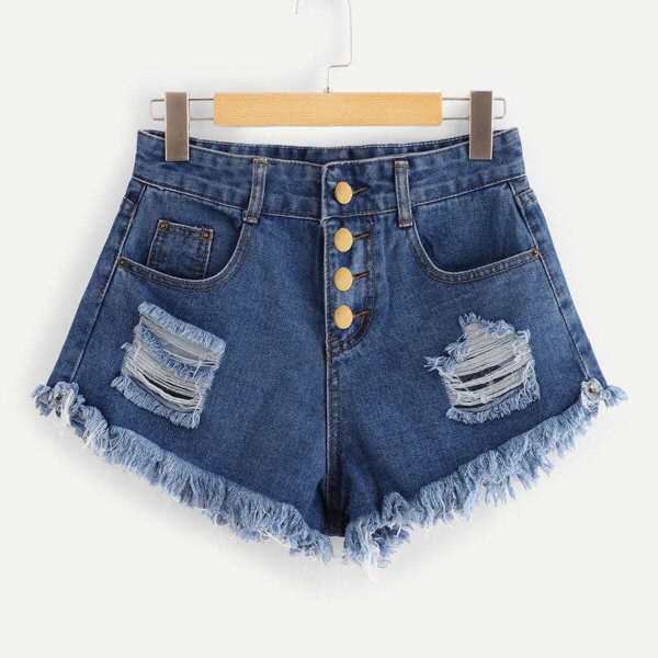 

Ripped Raw Hem Button Fly Denim Shorts