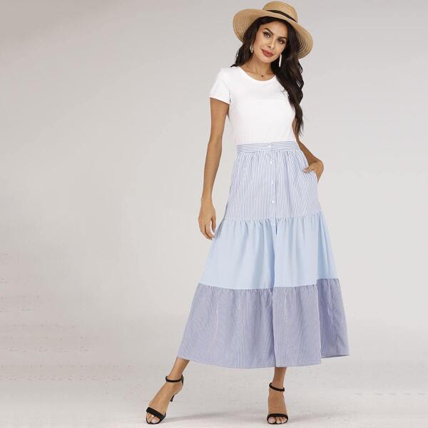 

Striped Print Button Front Skirt