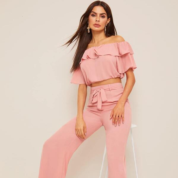 

Ruffle Trim Crop Top & Wide Leg Belted Pants, Pink