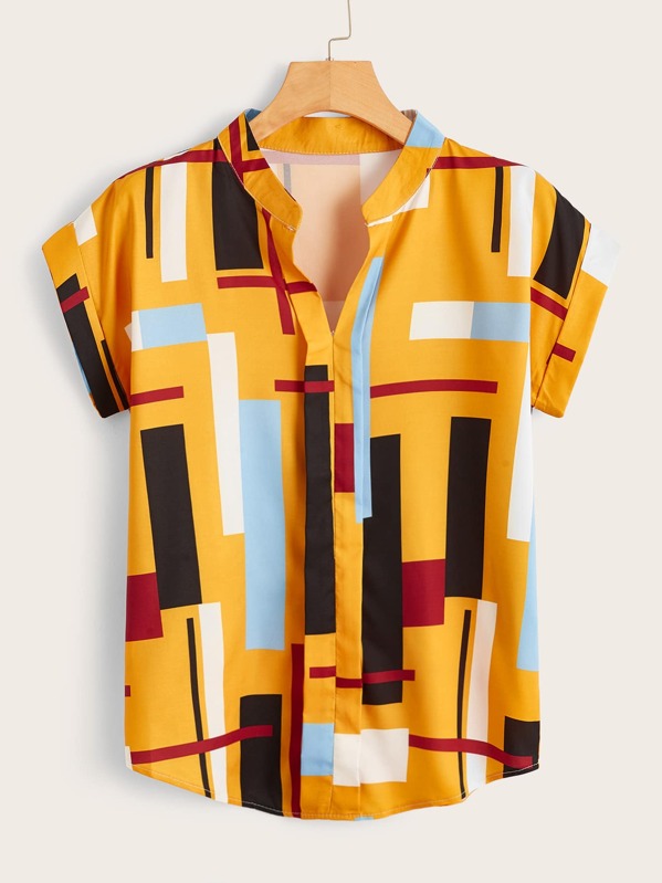 

V-neck Patchwork Curved Hem Blouse, Multicolor