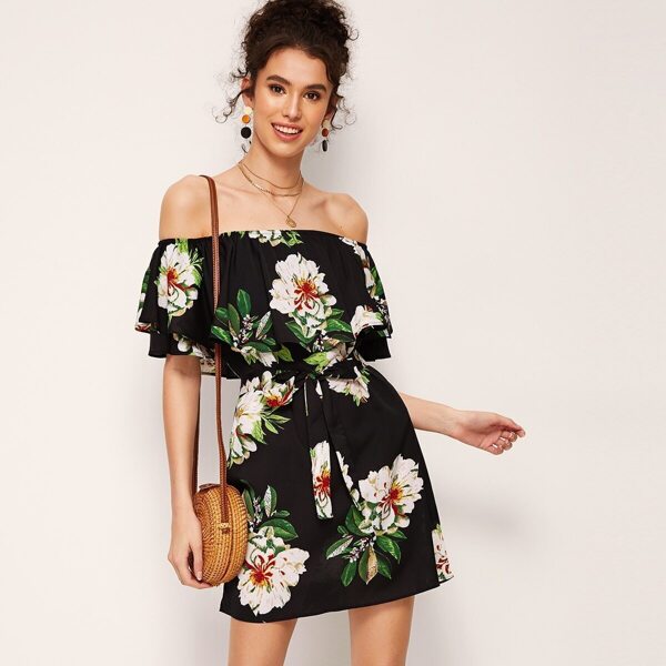 

Floral Print Ruffle Trim Off Shoulder Belted Dress