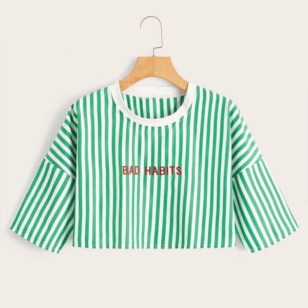 

Striped Letter Embroidered Crop Tee, Green