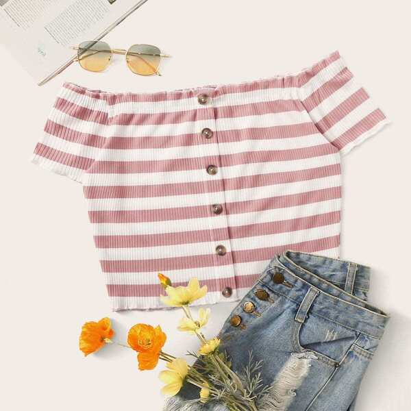 

Striped Ribbed Button Front Off Shoulder Tee