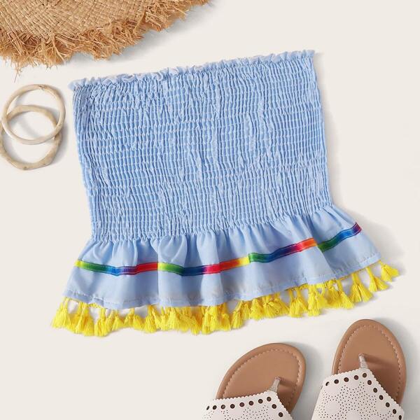 

Tape Panel Fringe Hem Shirred Tube Top