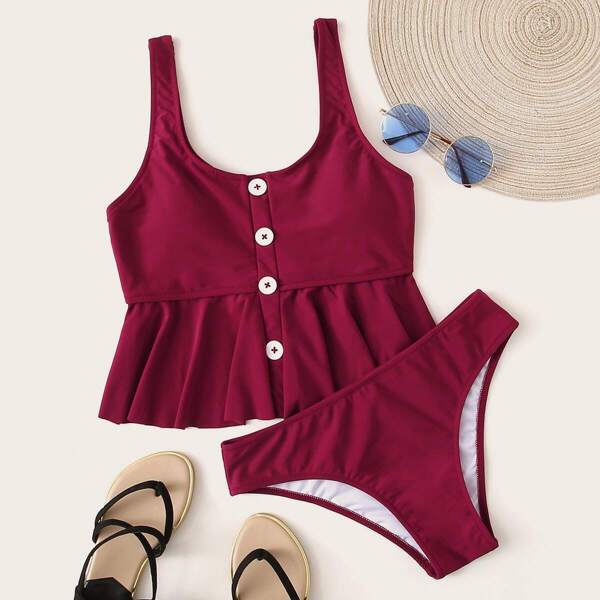 

Button Up Peplum Top With Panty Tankini Set, Burgundy