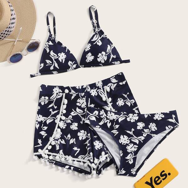 

Random Floral Triangle Bikini Set With Shorts 3pack