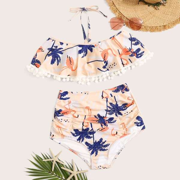 

Random Tropical Flounce Top With Ruched Bikini Set