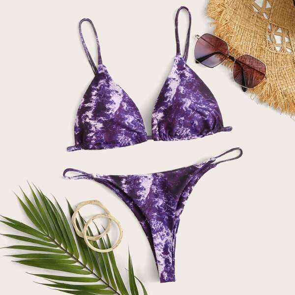 

Random Sea Print Top With Tanga Bikini Set