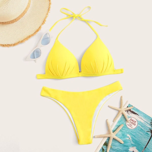 

Ruched Halter Top With Hipster Cheeky Bikini Set, Yellow bright