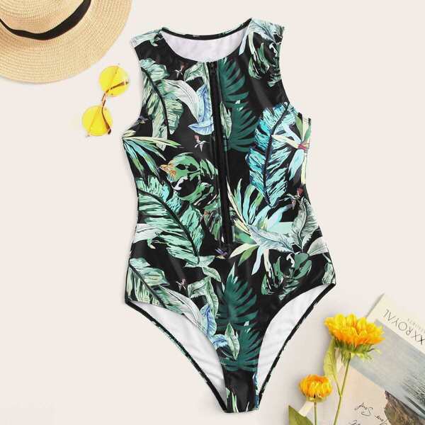 

Random Tropical Zip Front One Piece Swimsuit, Multicolor
