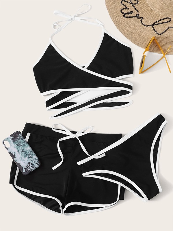 

Contrast Piping Wrap Halter Bikini Set With Shorts 3pack, Black