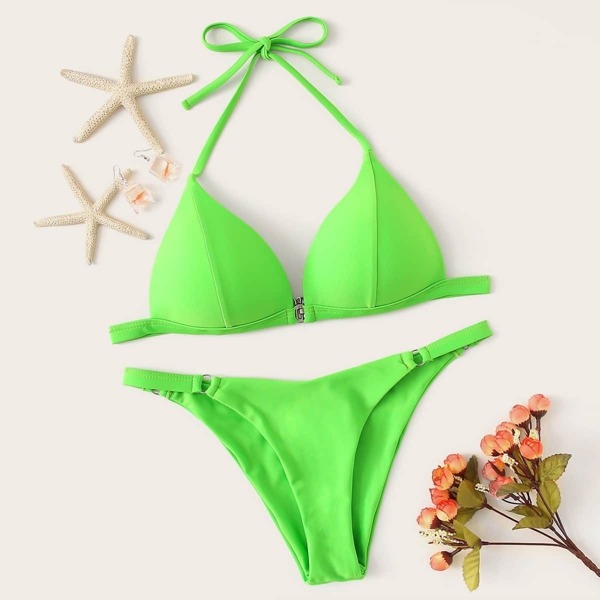 

Neon Green Seam Triangle Top With Ring Loop Bikini, Green bright