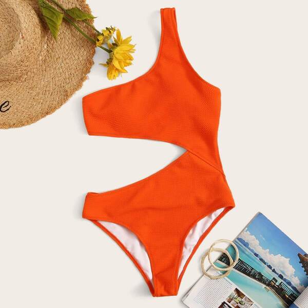 

One Shoulder Textured Cut-out One Piece Swim