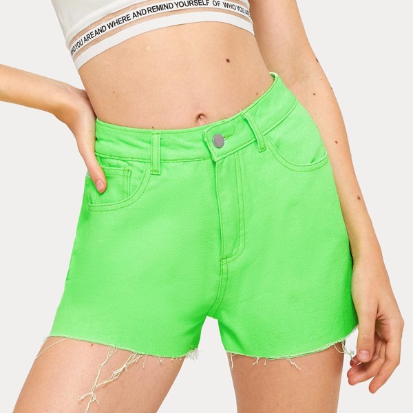 

Neon Lime Button And Pocket Detail Denim Shorts