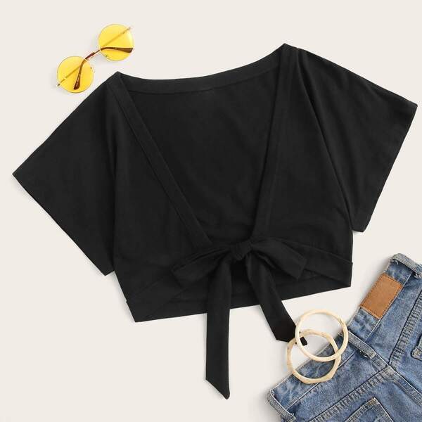 

Solid Tie Front Crop Tee, Black