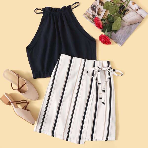 

Solid Top With Striped Skirt, Multicolor