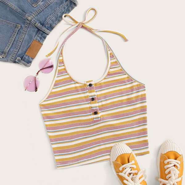 

Striped Button Detail Halter Top, Multicolor