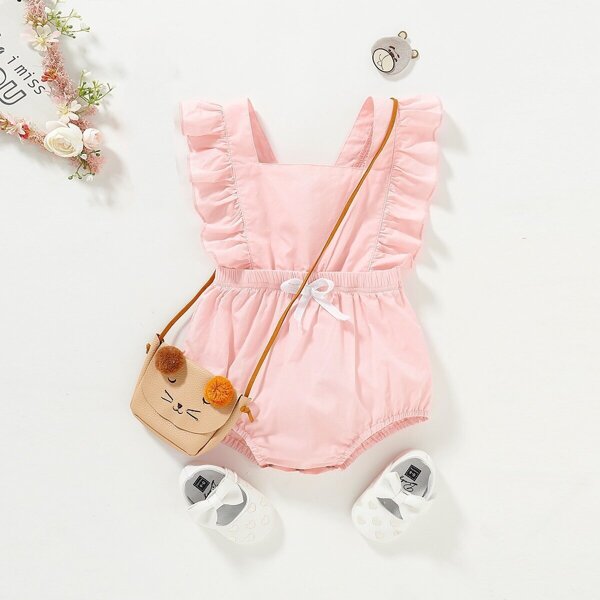 

Baby Girl Knot Front Frill Trim Solid Jumpsuit Without Bag, Pink