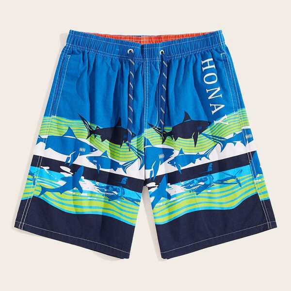 

Men Letter & Shark Print Bermuda Shorts