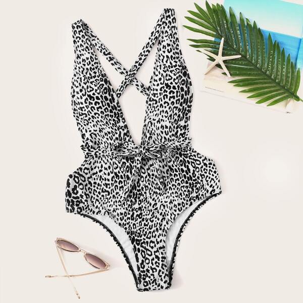 

Plus Leopard Criss Cross One Piece Monokini, Black and white
