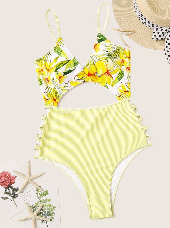 

Plus Tropical Lace-up Cut-out One Piece Swimwear, Multicolor