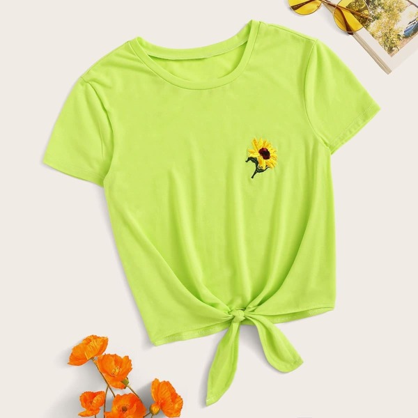 

Neon Green Sunflower Embroidery Knot Hem Top