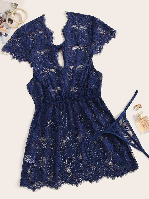 

Eyelash Lace Plunging Dress With Thong, Blue