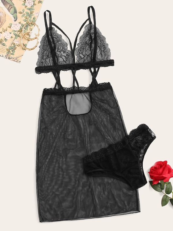 

Contrast Lace Slips With Thong, Black