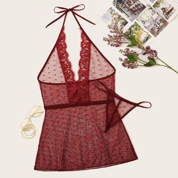 

Contrast Lace Plunging Slips With Thong, Burgundy