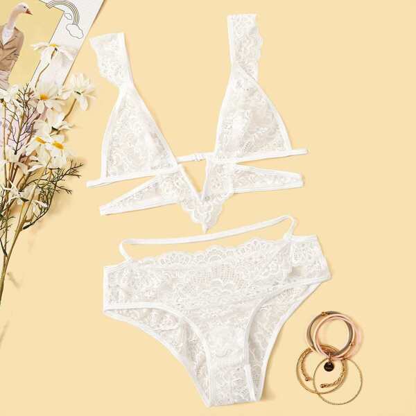 

Cut-out Floral Lace Lingerie Set, White