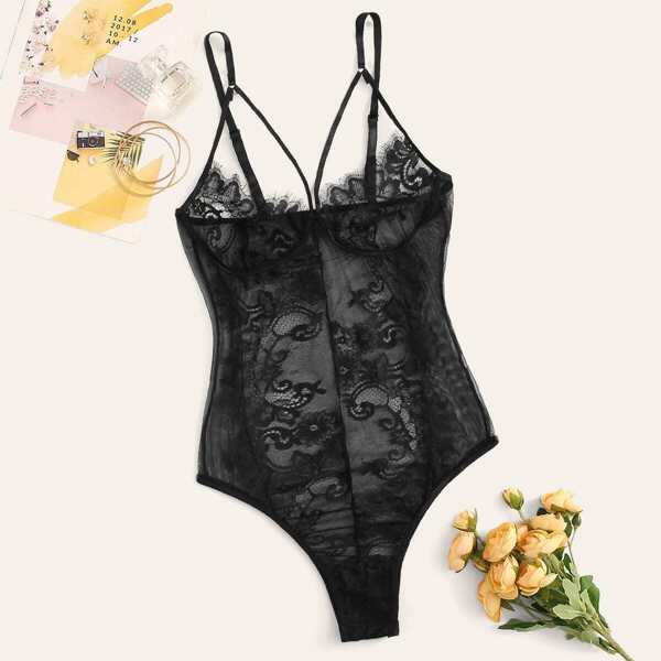 

Harness Detail Floral Lace Teddy Bodysuit, Black