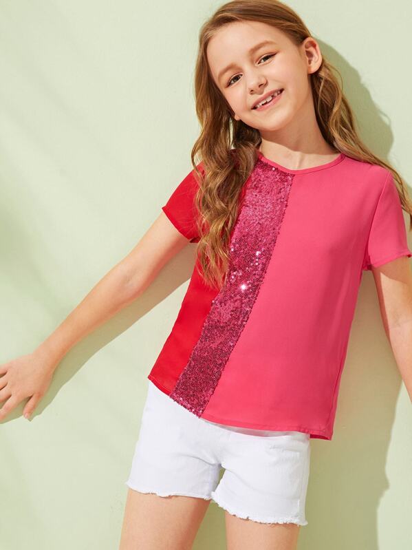 

Girls Contrast Sequin Cut and Sew Top, Pink, Sashab