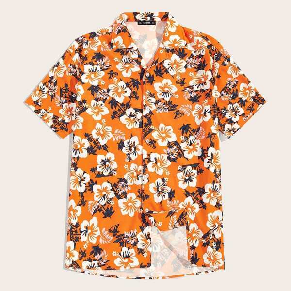 

Men Notch Collar Floral Print Shirt
