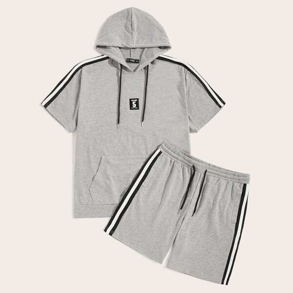 

Men Striped Tape Side Drawstring Hoodie & Shorts Set, Grey
