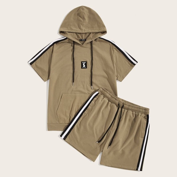 

Men Striped Tape Drawstring Hoodie & Track Shorts Set, Camel
