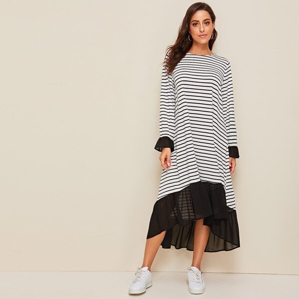 

Contrast Mesh Ruffle Trim Striped Swing Dress