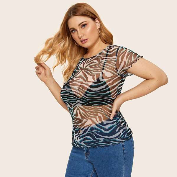 

Plus Lettuce Trim Zebra Sheer Mesh Top Without Bra