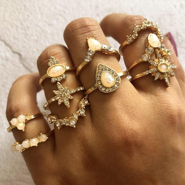 

Rhinestone Engraved Ring Set 10pcs