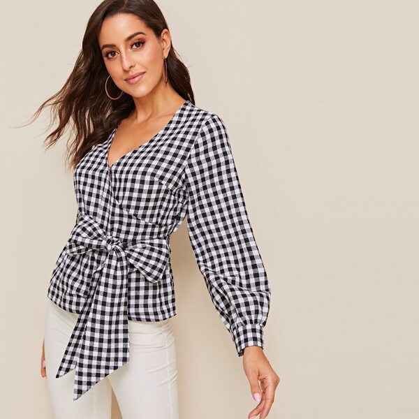 

Wrap Front Belted Gingham Blouse, Black and white
