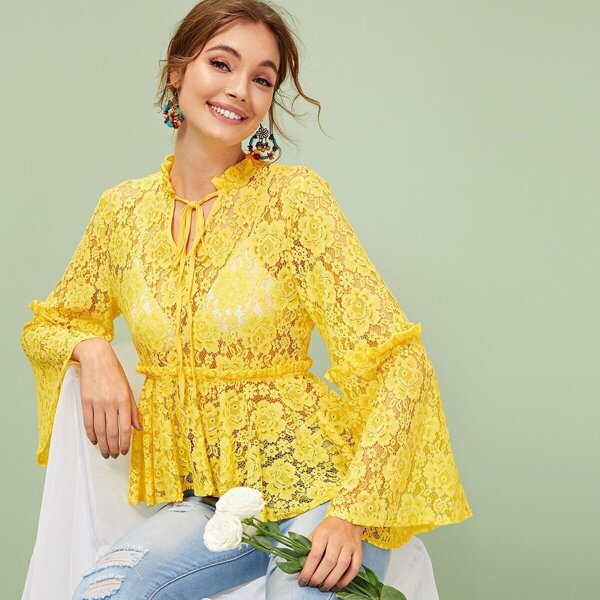 

Frilled Tie Neck Lace Peplum Top Without Bra, Yellow bright