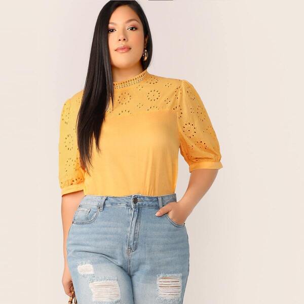 

Plus Mock-neck Embroidered Eyelet Panel Top