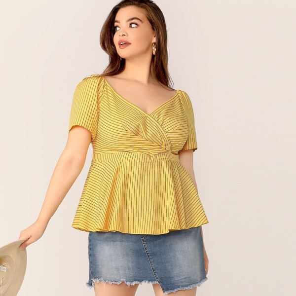Plus Surplice Neck Striped Peplum Top