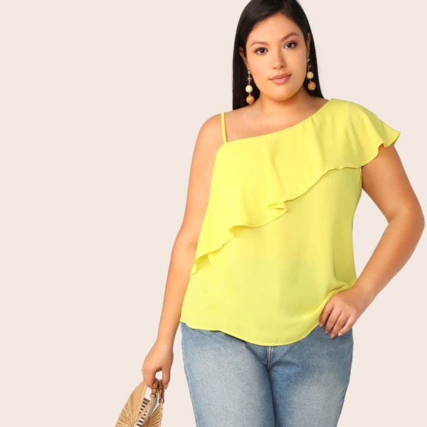 

Plus Neon Yellow Asymmetrical Neck Ruffle Trim Top, Yellow bright