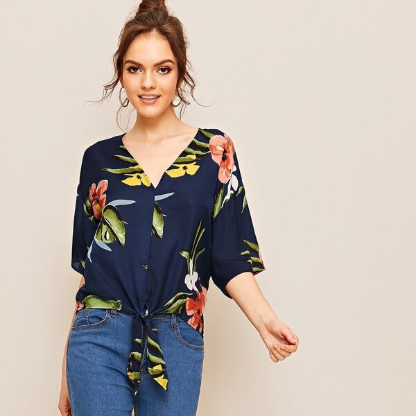 

V-neck Tie Front Floral Print Blouse