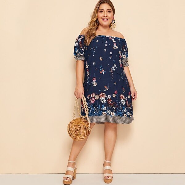 

Plus Off Shoulder Floral Print Tunic Dress, Navy