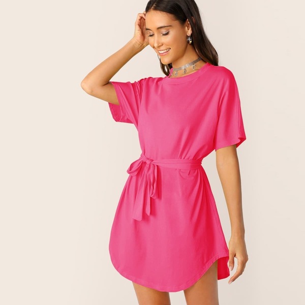 

Neon Pink Self Belted Curved Hem Dress, Pink bright