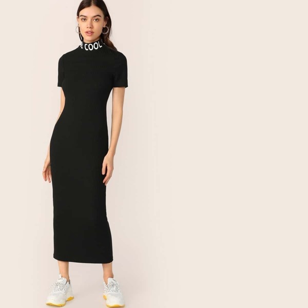 

Lettering Neck Rib-knit Bodycon Dress