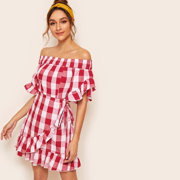 

Bardot Ruffle Trim Buffalo Plaid Knotted Dress With Wrap Skirt, Multicolor