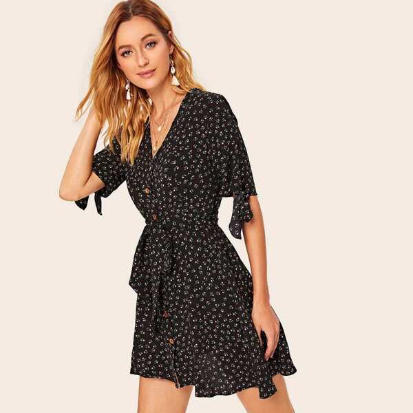 

Ditsy Floral Tie Cuff Belted Tea Dress, Black