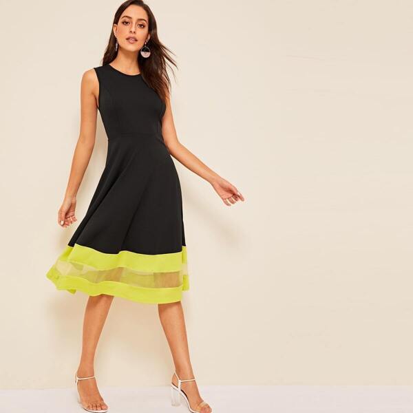 

Neon Mesh Insert Striped Detail Fit & Flare Dress